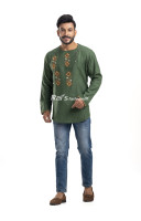 Hunter Green Khadi Cotton Men Short Kurta With Embroidery Work (KRP3)